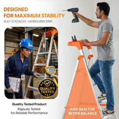 PROHOME Aluminium Ladder for Home 6 Steps Foldable with Tool Tray & Anti-Skid Wide Steps | 6 Step Ladder for Home Use, Kitchen & Household | 250 Kg Capacity Folding Ladder | 5 Year Warranty (Orange)