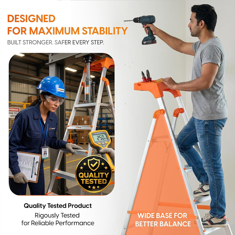 PROHOME Aluminium Ladder for Home 6 Steps Foldable with Tool Tray & Anti-Skid Wide Steps | 6 Step Ladder for Home Use, Kitchen & Household | 250 Kg Capacity Folding Ladder | 5 Year Warranty (Orange)