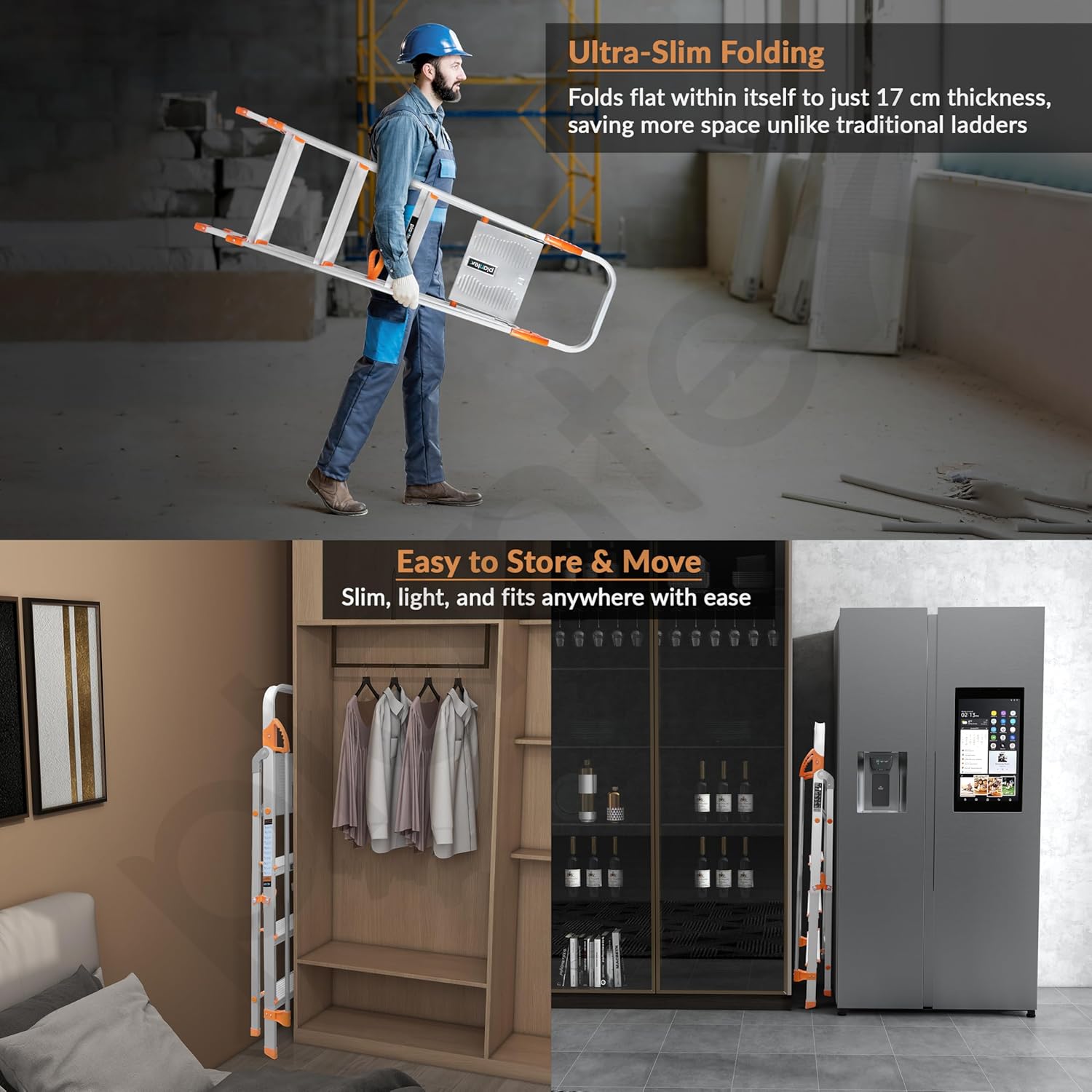 Plantex Secura 4 Step Ladder for Home/Aluminium Foldable Ladder with Safe Hand Rail (Orange-Chrome)