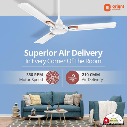 Orient Electric 1200 mm Apex Prime| 5 years warranty by Orient | 350 RPM motor speed| Rust-proof Aluminium blades| Decorative ring & trims| White, pack of 2