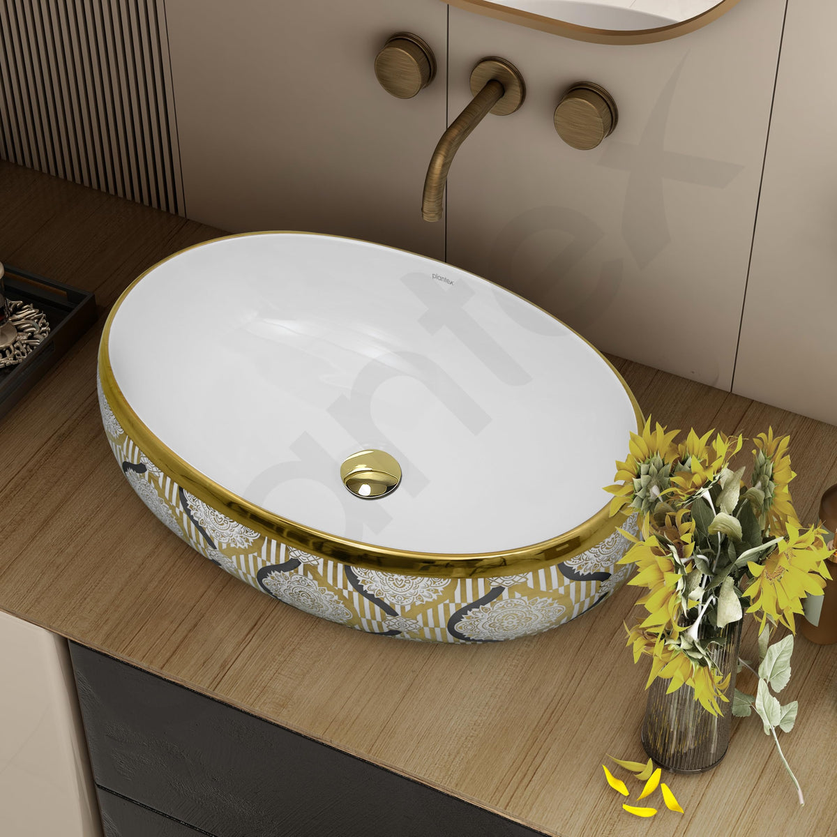 Plantex Tabletop Wash Basin for Bathroom/Designer Ceramic Basin/Vessel Sink Basin for Home/Office/Hotel (23.5 x 16 x 7 Inch - White & Gold)-6