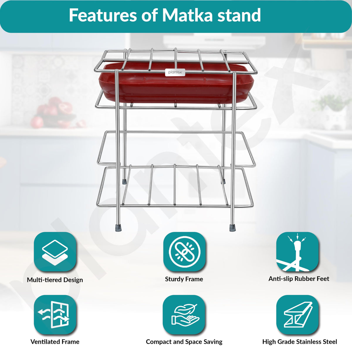 Plantex Matka Stand for Water Pot/Stainless Steel Matki/Jar/Ghada Stand for Kitchen/Square Water Pot with Tray - (1186, Chrome)