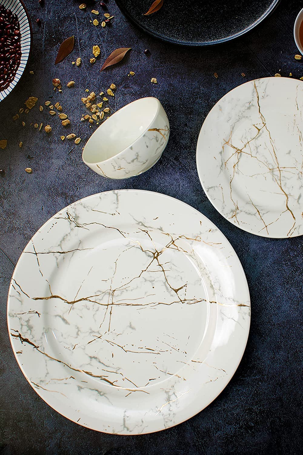 Clay Craft Marble Finish, Fine Ceramic Dinner Set 40 PCS (White), for Family of 6, Dinner Set Ceramic, Crockery Set, Dining Set for Dinner, Plates and Bowls Set, Crockery Set for Gift