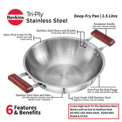 Hawkins 2.5 Litre Deep Fry Pan, Triply Stainless Steel Kadai, Flat Bottom Induction Kadhai, Silver (SSD25)