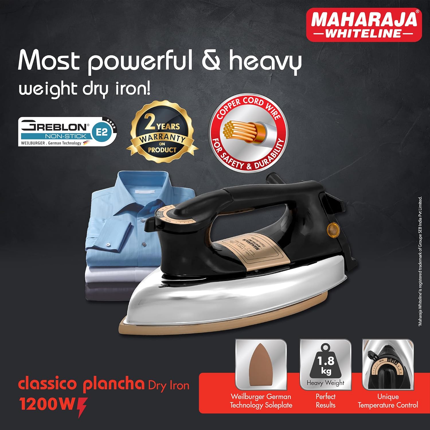 Maharaja Whiteline Classico Plancha 1200 Watt Dry Iron | Non-Stick Soleplate | Heavy Body | Temprature Control | Ergonomic handle (Black), 1200 watts, Stainless Steel