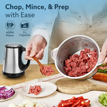 AGARO Delite Vegetable & Meat Chopper for Kitchen, Garlic Peeler, Egg Whisker, 2L Bowl, 400W Motor, 3 Speed Settings, Meat Grinder, Vegetable Mixer, Stainless Steel Body, Onion, Garlic, Fruits.