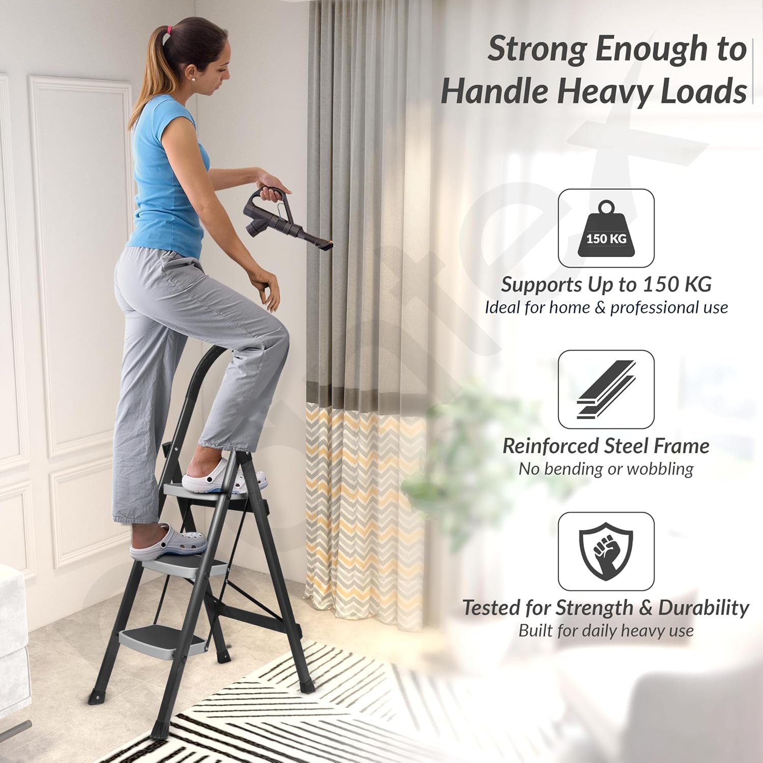 Plantex Steel 3 Step Ladder for Home/Wide Anti Skid 3 Step Ladder Foldable/5 Year Manufacturer Warranty By Plantex(Gray & White)