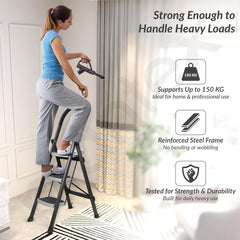 Plantex Steel 3 Step Ladder for Home/Wide Anti Skid 3 Step Ladder Foldable/5 Year Manufacturer Warranty By Plantex(Gray & White)