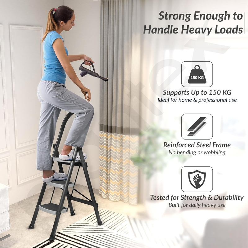 Plantex Steel 3 Step Ladder for Home/Wide Anti Skid 3 Step Ladder Foldable/5 Year Manufacturer Warranty By Plantex(Gray & White)