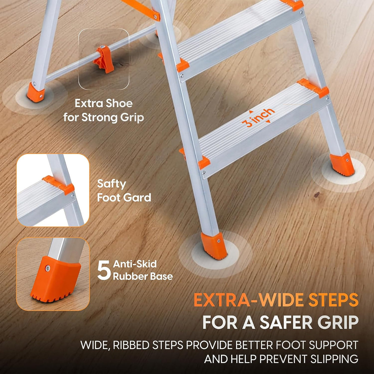 PROHOME Aluminium Ladder for Home 6 Steps Foldable with Tool Tray & Anti-Skid Wide Steps | 6 Step Ladder for Home Use, Kitchen & Household | 250 Kg Capacity Folding Ladder | 5 Year Warranty (Orange)