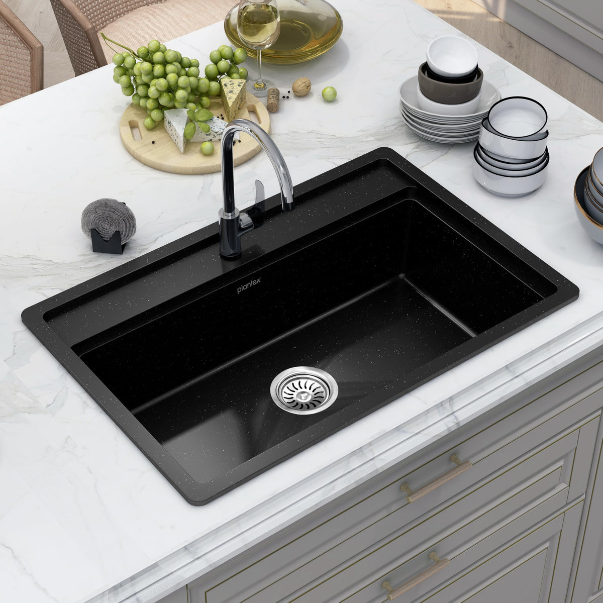 Plantex Matt Quartz Kitchen Sink/UV Protected Kitchen Sink/Undermount Sink For Kitchen/Granite Single Bowl Sink With Coupling (Nano Black, 20X30 Inches)-1