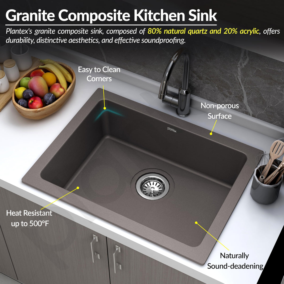 Plantex Quartz Acrylic Matt Kitchen Sink/Undermount Sink For Kitchen With 10 Years Warranty By /Granite Single Bowl Kitchen Sinks With Coupling (Con-24X18 Inches)-5
