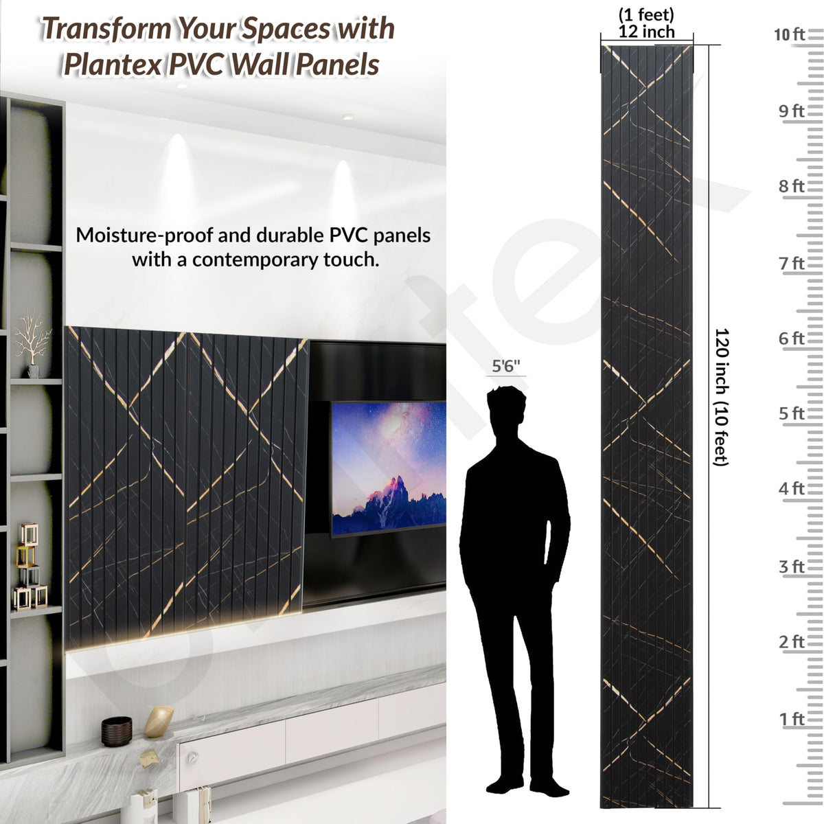 Plantex Louvers Panel for Wall/PVC Wall Panel/3d Panel for Interior Decor/Eco-Friendly Fluted Panel for Walls/- Pack of 7, Covers - 70 Sq. Ft (Black Gold Marble-12 Inch x 10 Ft)-2