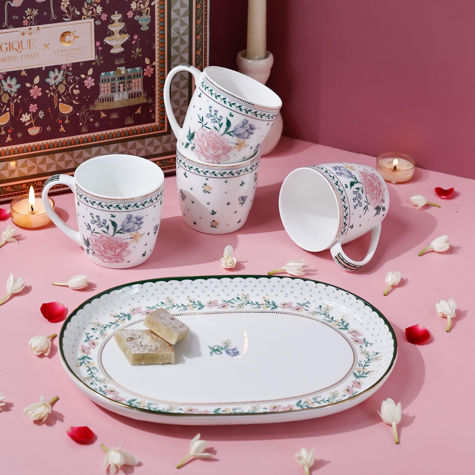 Magique by The Wishing Chair x ClayCraft : Emerald Ribbon - Amber Giftbox | Set of 4 Snack Plates & Serving Platter | Dishwasher Safe | Festive Gifting | GiftBox Packaging