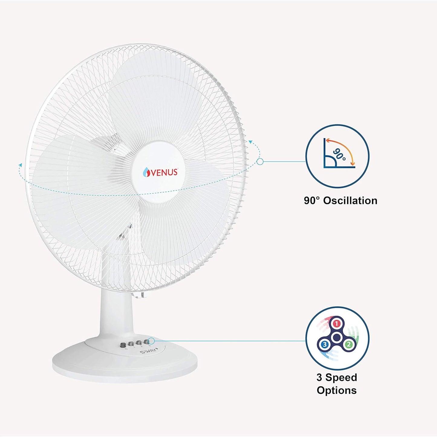 VENUS Sway Plus STF-400 Table Fans | 400mm | 60W |Oscillation with 3 Speed Option | 2 year Gurantee | BEE 1 Star Rating | ISI Certified (White)