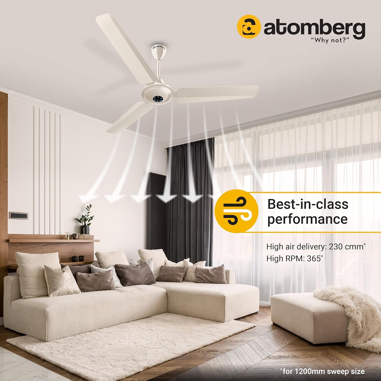 atomberg Ikano 1200mm BLDC Ceiling Fan with Remote Control | BEE 5 star Rated Energy Efficient Ceiling Fan | High Air Delivery with LED Indicators | 3 Year Warranty (Gloss Ivory)