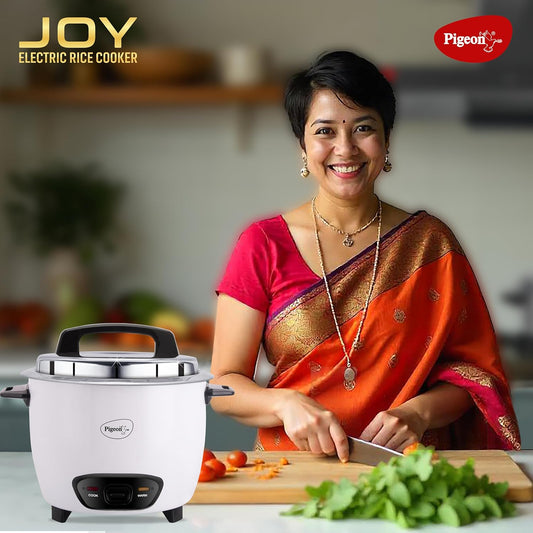 Pigeon by Stovekraft Joy Rice Cooker with Single pot, 1 litres. (White) | Toughened Glass Lid | 400 Watts | Aluminium Cooking Pot | Measuring Cup| Spatula | Energy Efficient Cooking