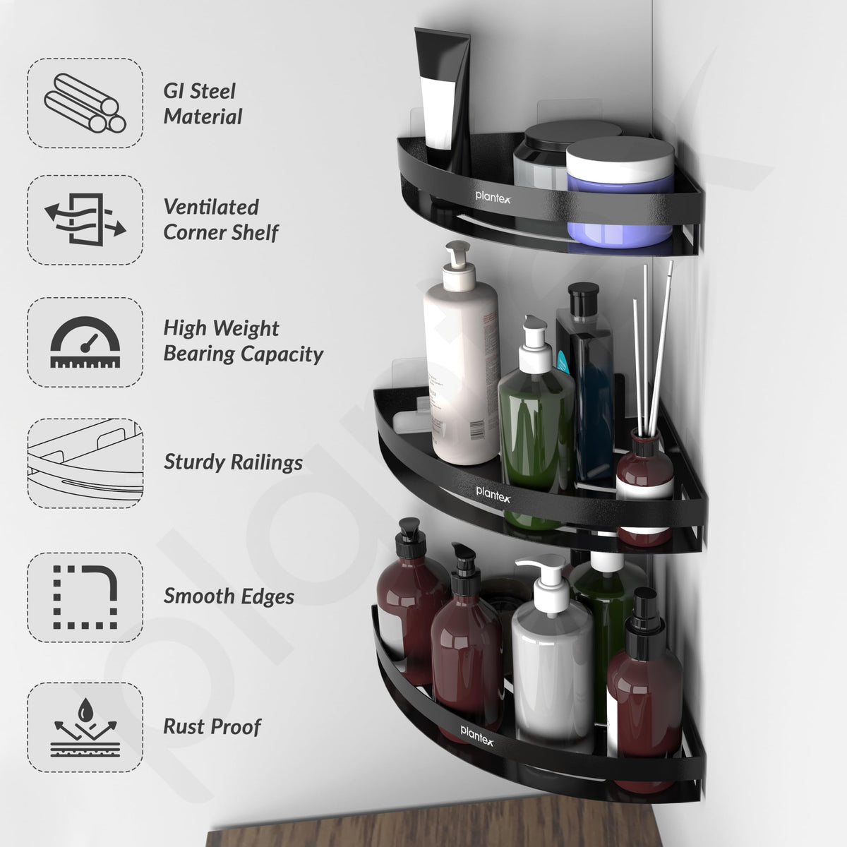Plantex Corner Shelf for Bathroom Wall/Self Adhesive Bathroom Shelf/Bathroom Corner Shelves self Adhesive/Bathroom Organiser Without Drill- Pack of 3 (Black)-5