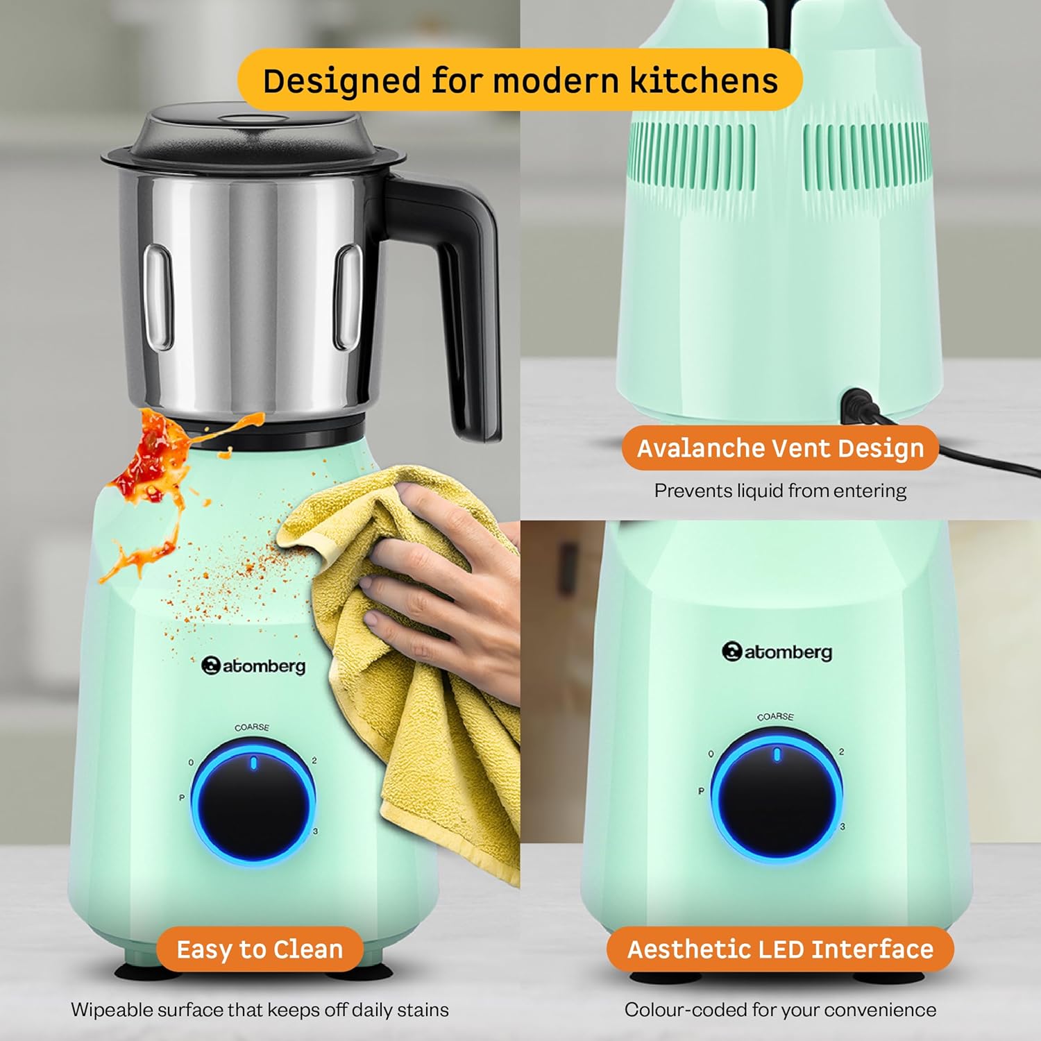 Atomberg Yulia 750 Watt Mixer Grinder | 4 Multipurpose Jars including Chopper Jar | Coarse Mode for Silbatta-like Textures | Powerful Intelligent Motor | Advanced Safety Features | Frosty Mint