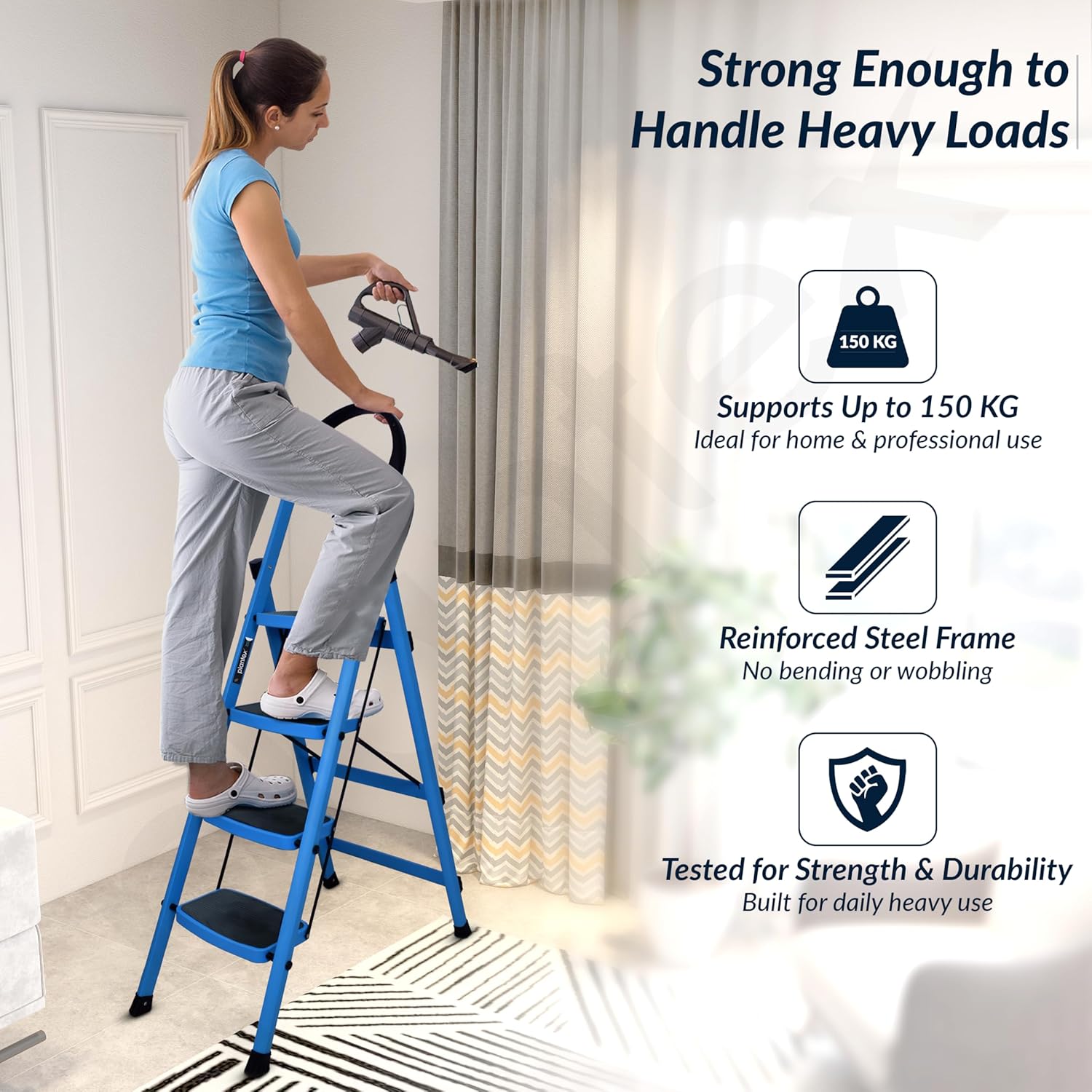 Plantex Premium 4 Step Steel Ladder/Ladder for Home/Wide Anti-Skid Wide Step Ladder/Capacity Upto 150 Kg (Blue & Black)