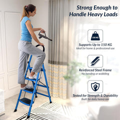 Plantex Premium 4 Step Steel Ladder/Ladder for Home/Wide Anti-Skid Wide Step Ladder/Capacity Upto 150 Kg (Blue & Black)