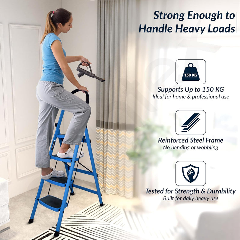 Plantex Premium 4 Step Steel Ladder/Ladder for Home/Wide Anti-Skid Wide Step Ladder/Capacity Upto 150 Kg (Blue & Black)