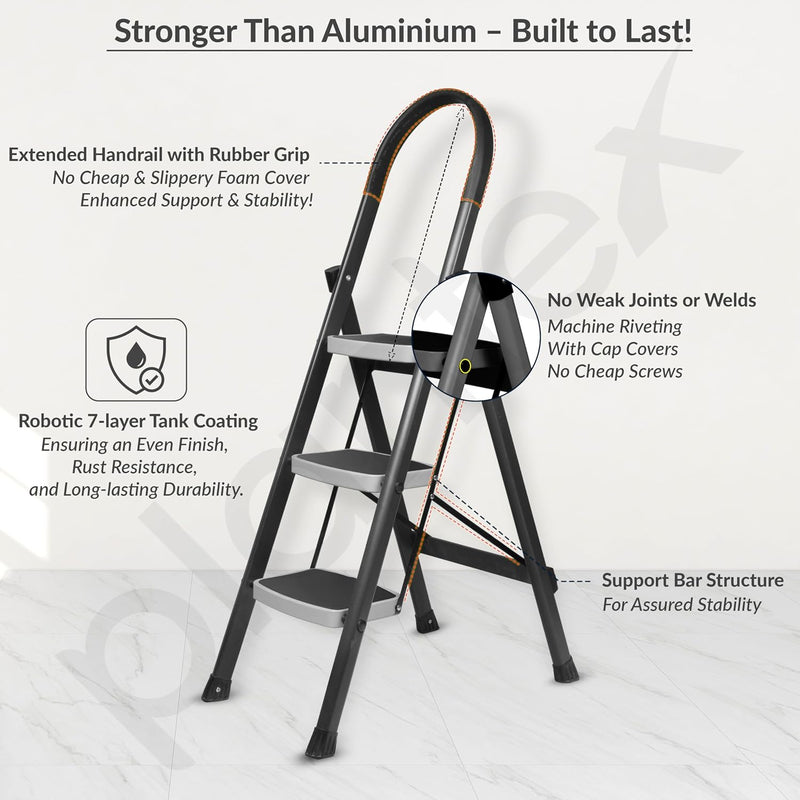 Plantex Steel 3 Step Ladder for Home/Wide Anti Skid 3 Step Ladder Foldable/5 Year Manufacturer Warranty By Plantex(Gray & White)