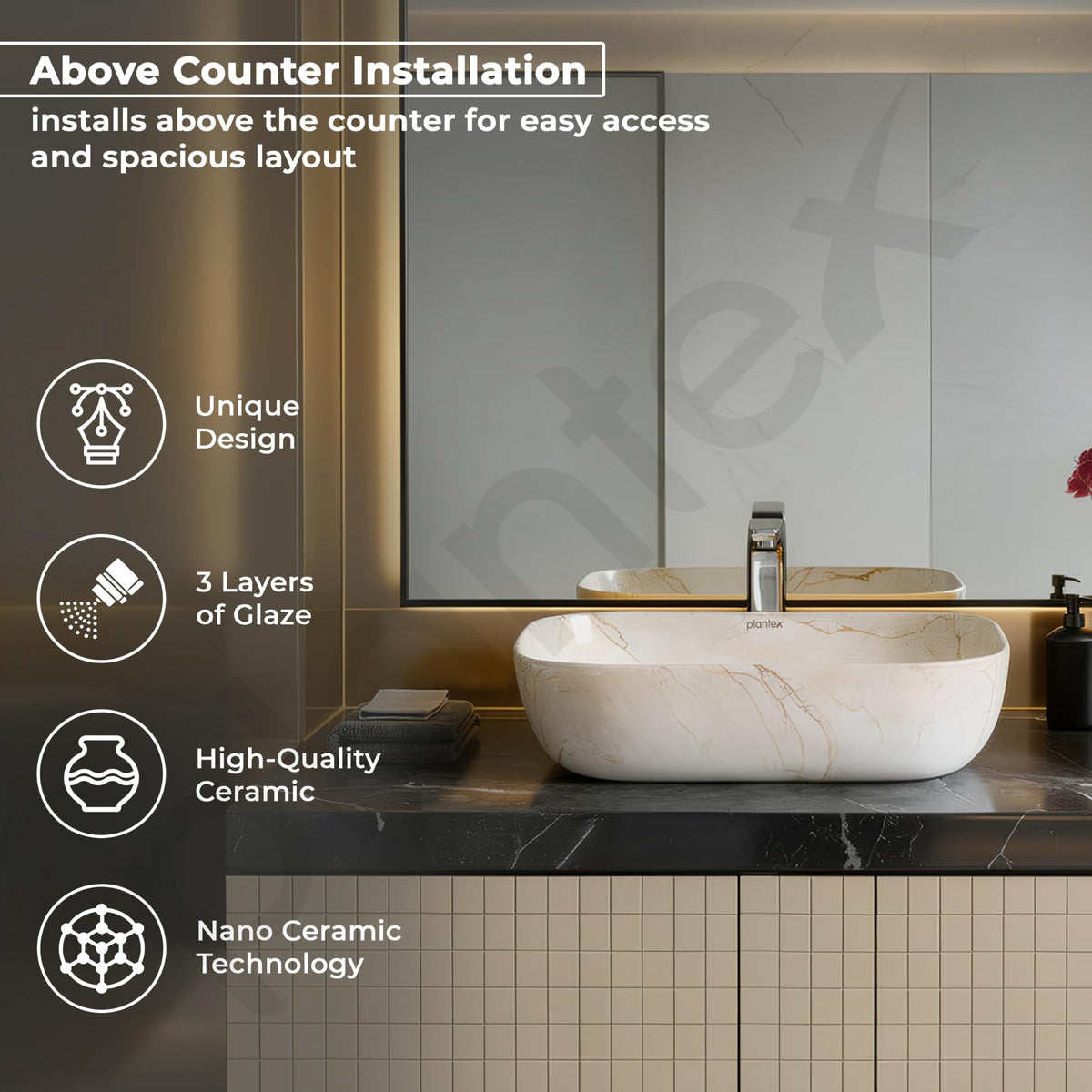 Plantex Ceramic Countertop Washbasin/Marble Basin with Brown Veins/Table Top Wash Basin for Bathroom (18 x 13 x 5.5 Inch)-2