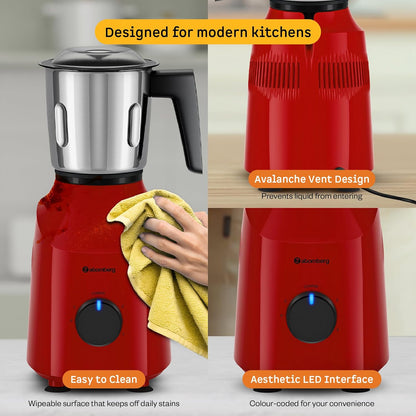 Atomberg Xiana 750 Watt Mixer Grinder | 3 Multipurpose Stainless Steel Jars | Coarse Mode for Silbatta-like Textures | Powerful Intelligent Motor | Easy Fault LED Indication | Fiery Red