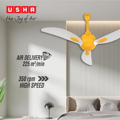 USHA New Bloom Series Helenium (Inspired by Helenium) BLDC Ceiling Fan with Bi-Directional Feature | Sleep/Boost/Timer Modes | RF Remote | Whisper-Quiet | Dust-Resistant (White & Saffron Yellow)