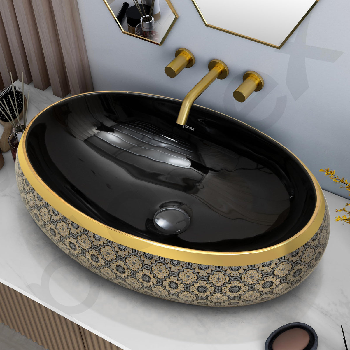 Plantex Tabletop Wash Basin for Bathroom/Designer Ceramic Basin/Countertop Vessel Sink Basin for Home/Hotel - (Black & Gold - 23.5 x 16 x 6 inch)-6