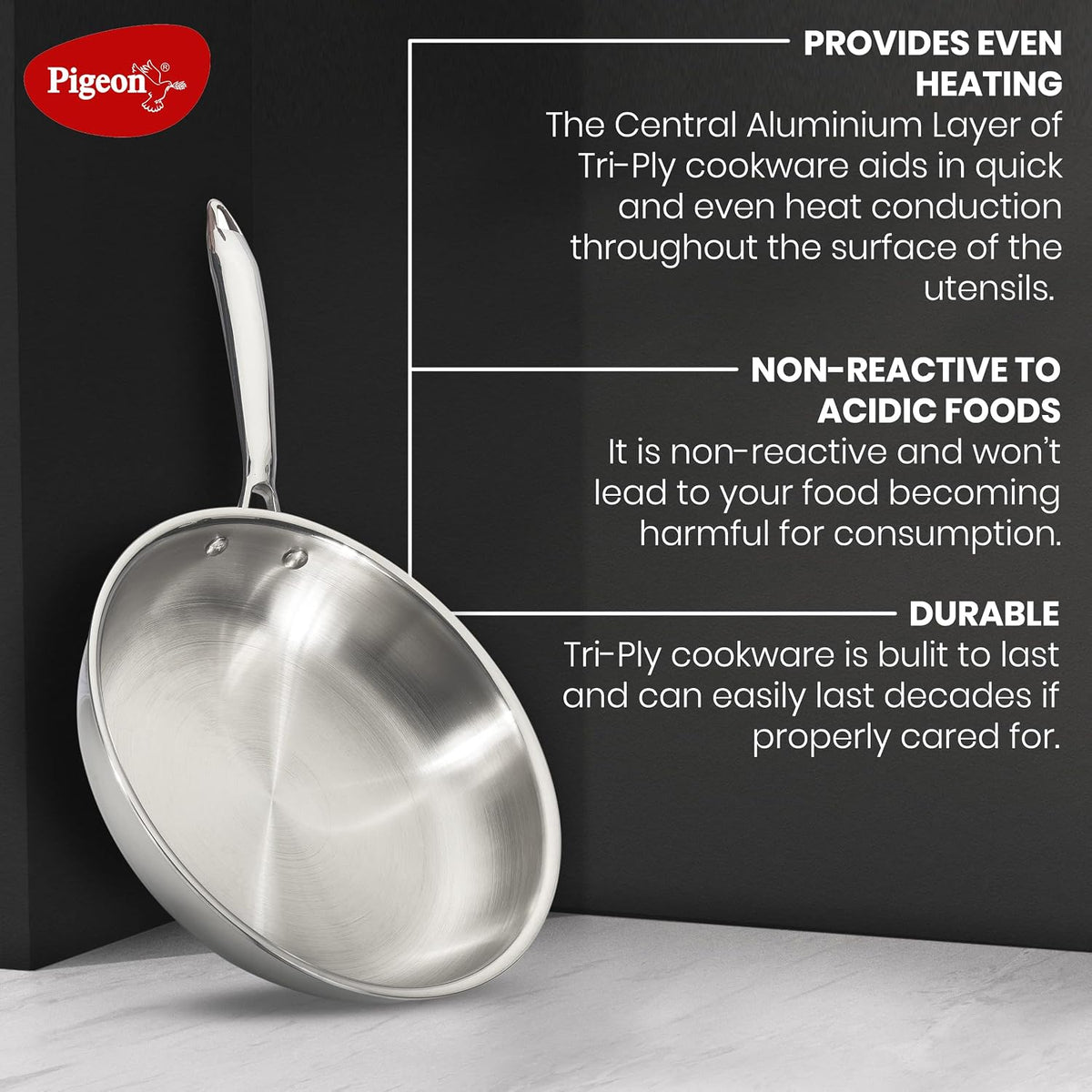 Pigeon Elite Stainless Steel Triply Fry Pan 22 cm, Gas Stove and Induction Compatible for Fast Cooking and Longer Heat R