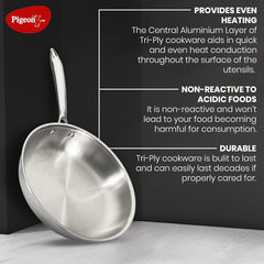 Pigeon Elite Stainless Steel Triply Fry Pan 22 cm, Gas Stove and Induction Compatible for Fast Cooking and Longer Heat R