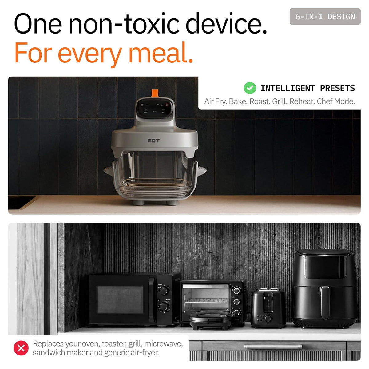 EDT Luma ZERO COATING PureGlass™ 4.5L Air Fryer Oven| 6-in-1 Multi Function | 100% Toxin Free No Ceramic PFAS, PTFE, PFOA | 1500W | NutriRetain™