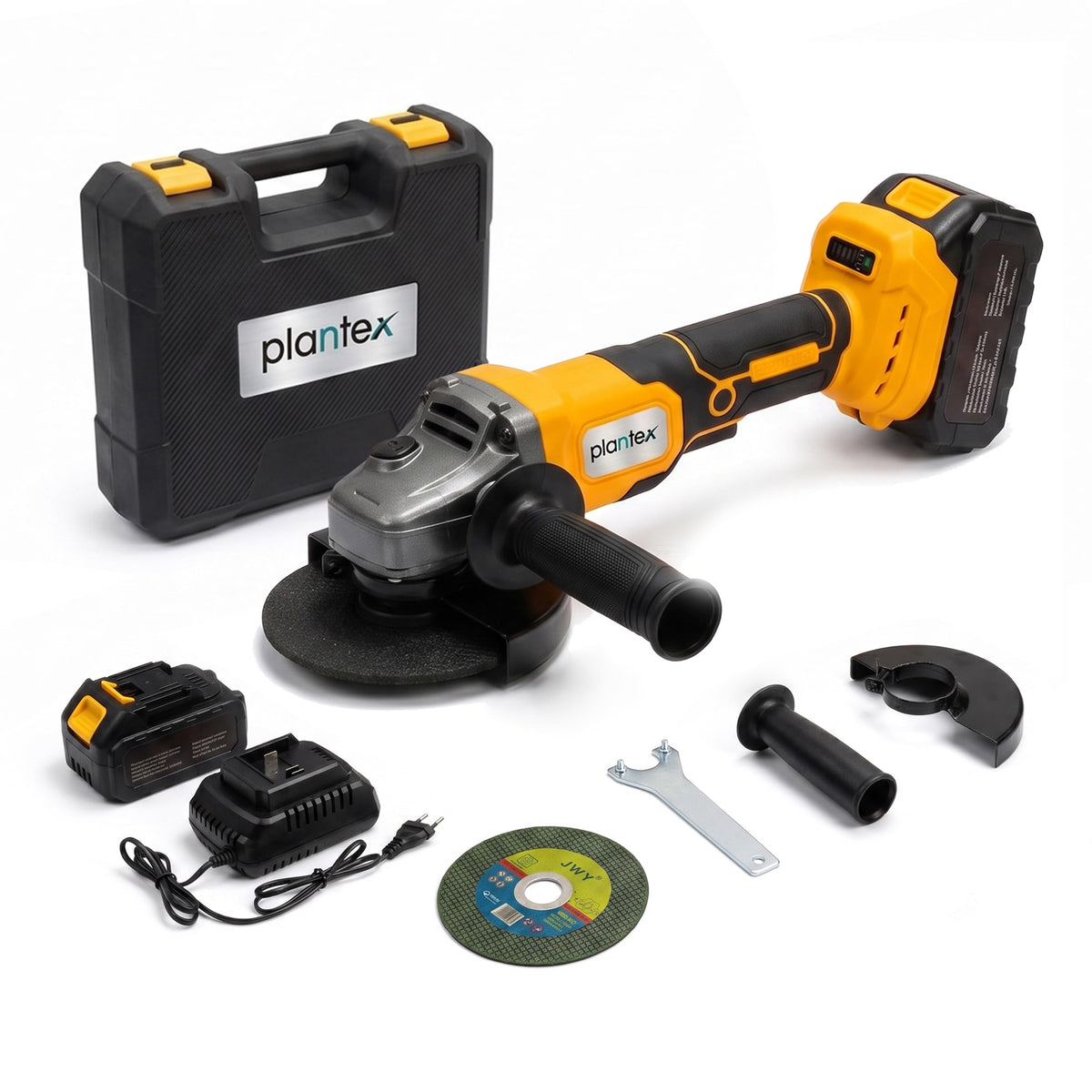 Plantex Cordless Angle Grinder 21V/Brushless Motor/125mm Cutting Disc/0-7000 RPM/Variable Speed Angle Grinder with 2 Batteries/Charger & Carrying Case Yellow (APS-ML-A005)