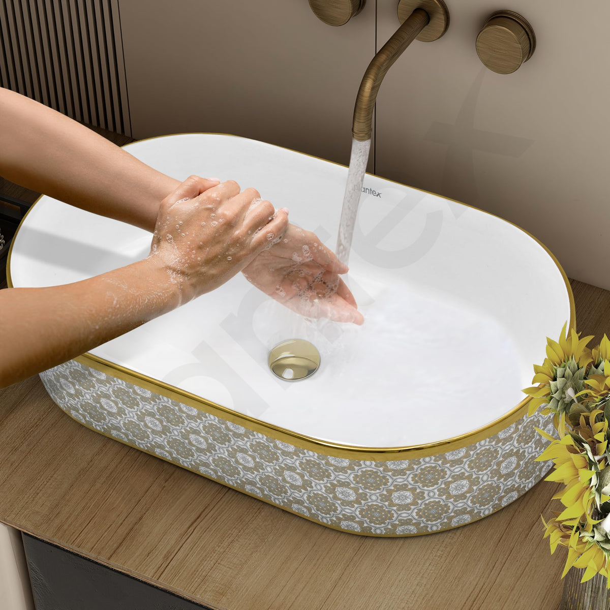 Plantex Designer Washbasin for Bathroom/Ceramic Countertop Basin/Oval Tabletop Wash Basin/Hand Wash Sink for Restaurant/Hotel (20.5x12x4.5 inch - White & Gold)-6