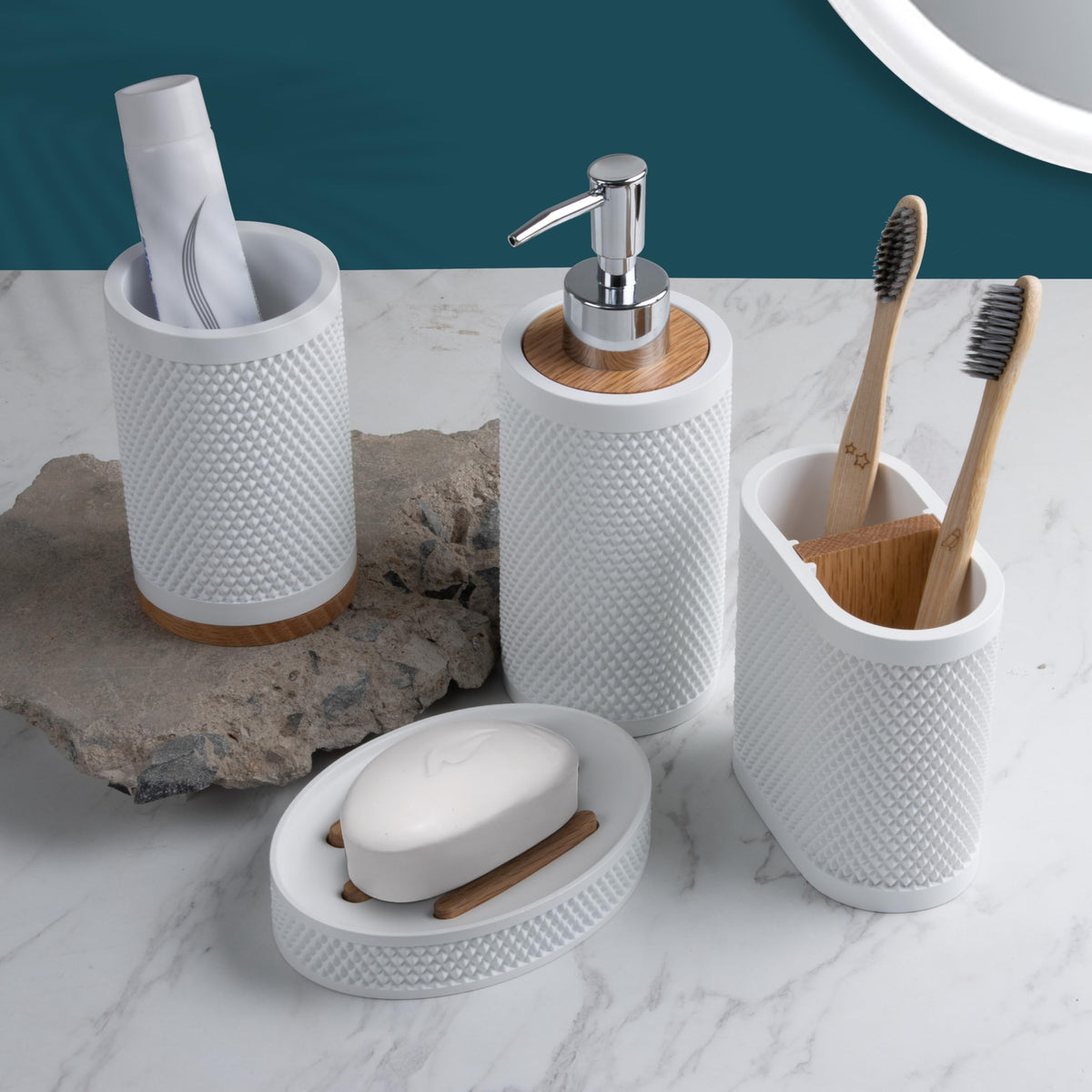 Plantex Polyresin Bathroom Accessories Set Soap Dispenser/Toothbrush Holder/Tumbler Holder/Soap Dish - 4 Piece(922)-1