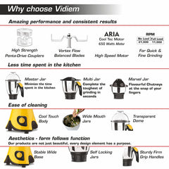 Vidiem Lilly 650W Mixer Grinder (Yellow) | 3 Leakproof Jars with Self-Lock | Wet & Dry Grinding for Spices, Chutneys & C