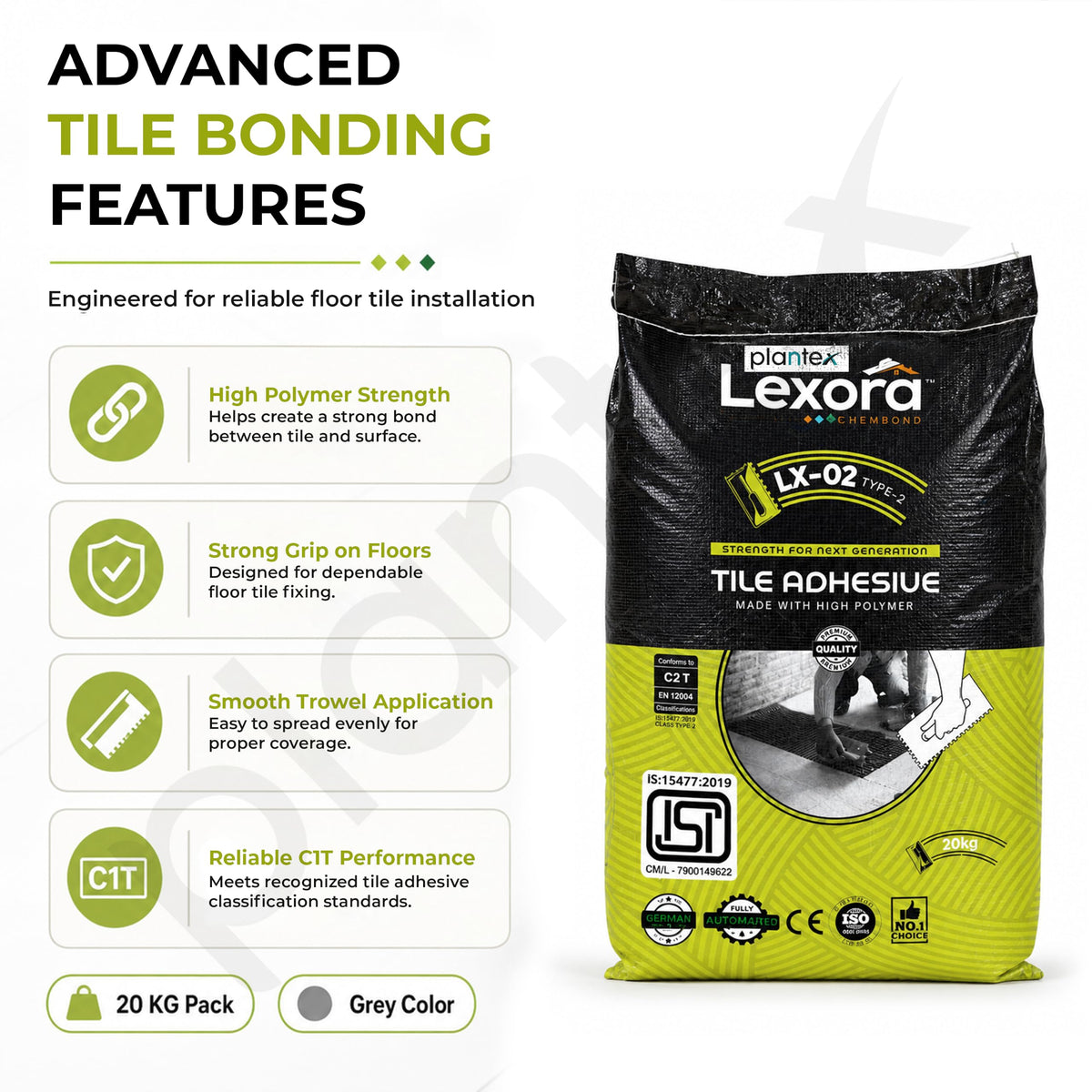 Plantex Lexora Tile Adhesive for Terracotta/Ceramic & Quarry Tiles/Polymer Modified Cement Adhesive for Floor & Wall Tiles Fixing/ Kitchen & Bathroom‚ Use - 20kg (LX-02, Grey)-5
