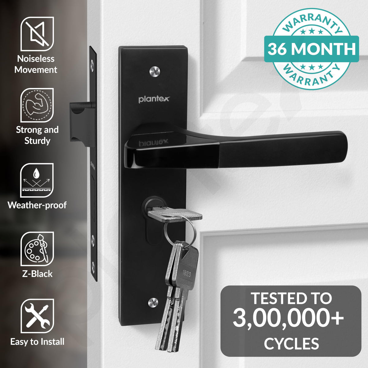 Plantex Heavy-Duty Door Lock Set - Main Door Lock Handle Set/Mortise Lock with 3 Keys, Brass Lock Body & Cylinder (8114 - Z Black & DC Black)-2