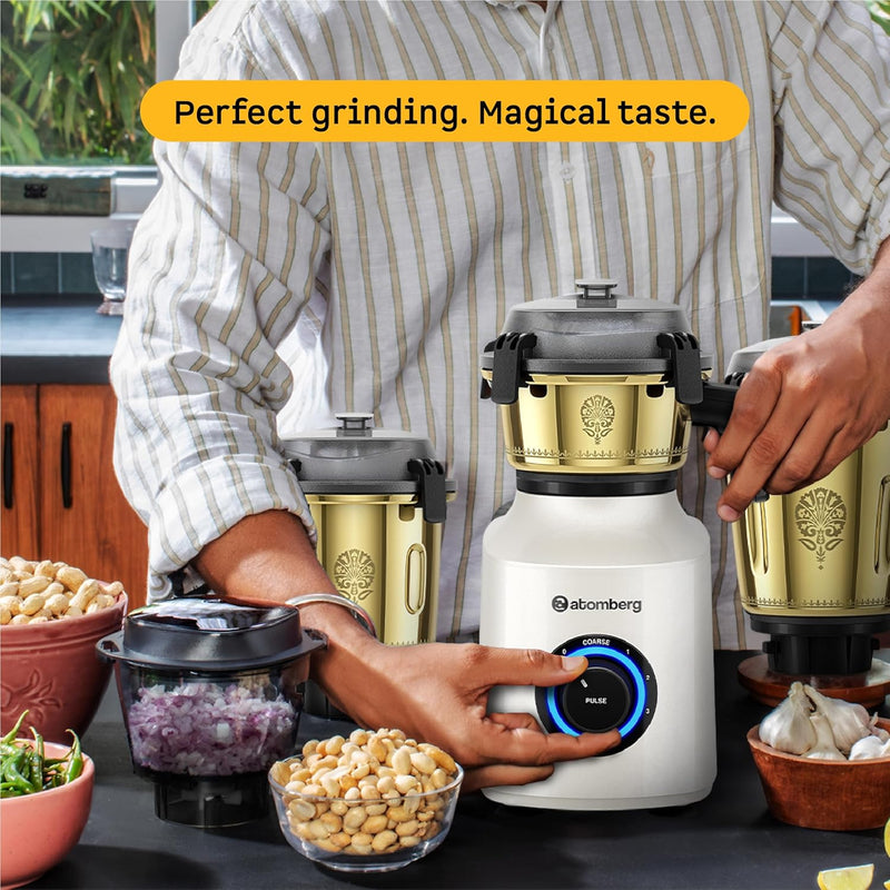Atomberg Zenova Special Edition Mixer Grinder | Unique Coarse Mode for Silbatta-like Texture | BLDC Motor | Safety Features | 4 Jars including Chopper| Hands-Free Operation| Heritage Brass Pearl White