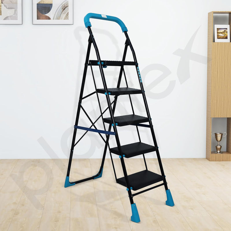 Plantex Stylo Heavy-Duty Mild-Steel Folding 5 Step Ladder for Home with Advanced Locking System/Wide Anti-Skid Step Ladder (Black & Blue)