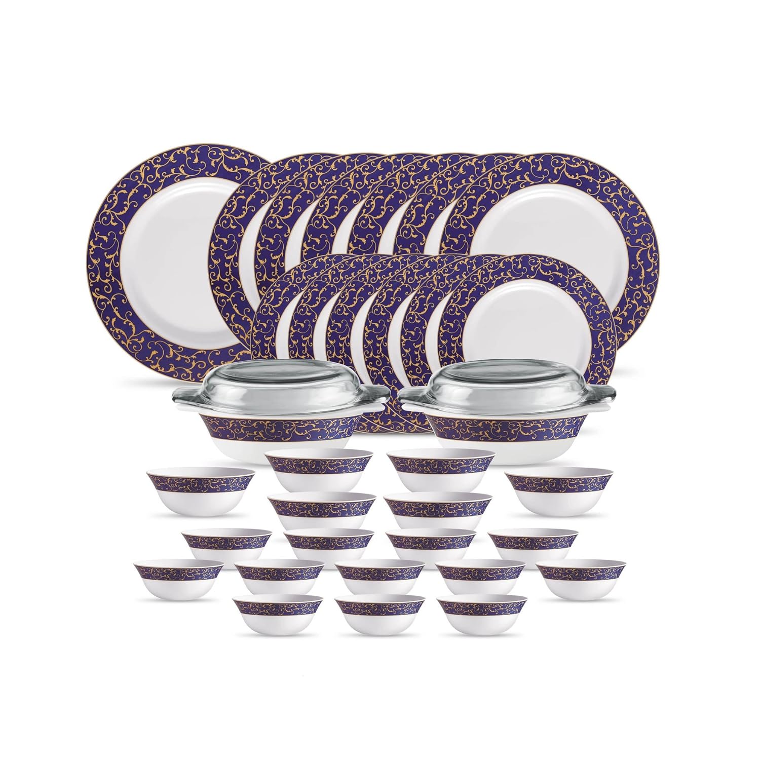 La Opala Diva Sovrana Collection Opal Glass Crockery | For Family of 6 | Dinner Set 35 pcs Anassa Blue | Plates & Bowls for Dining | Microwave Safe | 100% Vegetarian | Extra Strong | Light & White