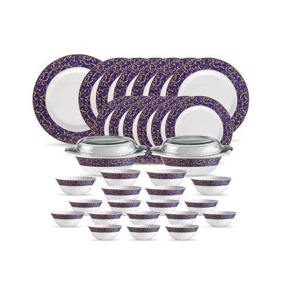 La Opala Diva Sovrana Collection Opal Glass Crockery | For Family of 6 | Dinner Set 35 pcs Anassa Blue | Plates & Bowls for Dining | Microwave Safe | 100% Vegetarian | Extra Strong | Light & White
