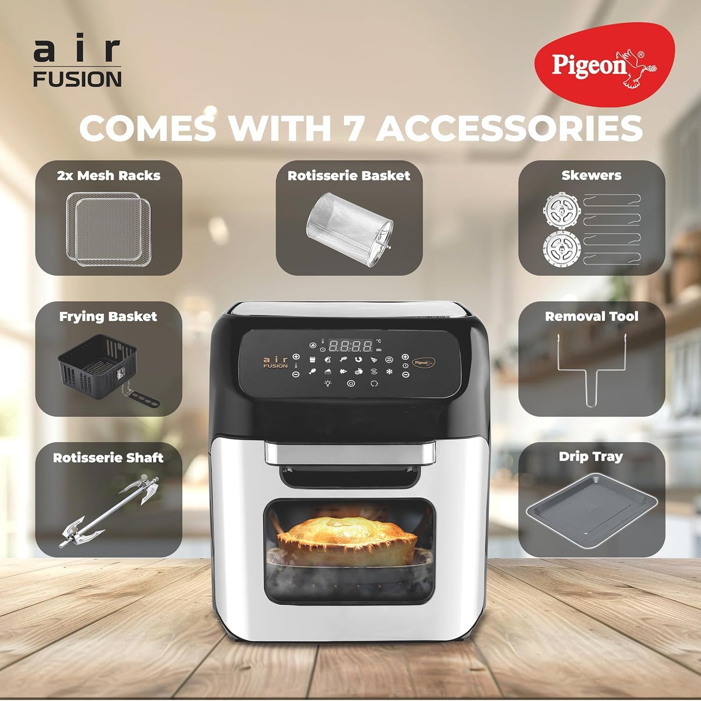 Pigeon by Stovekraft Air Fryer Oven 12L | 1800W | 2-in-1 Appliance - AirfryerOTG | Digital Touchscreen | 9 Preset Menu | Air Fry, Bake, Broil, Toast, Defrost (Black) | With Rotisserie | 7 Accessories