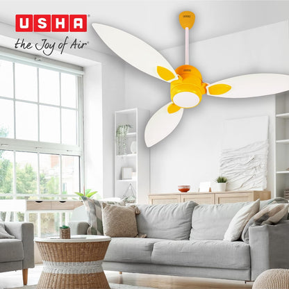 USHA New Bloom Series Sunspire Glow (Inspired by Sunflower) BLDC Ceiling Fan with Underlight with 3 Modes | RF Remote | Whisper-Quiet | Dust-Resistant (White & Saffron Yellow)