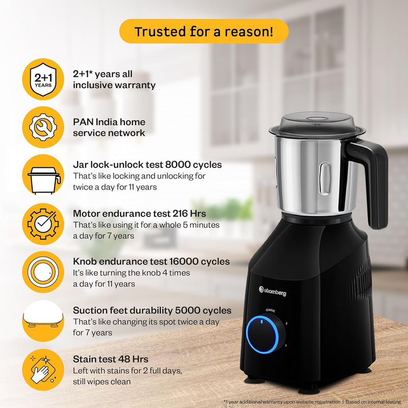 Atomberg Yulia 750 Watt Mixer Grinder | 4 Multipurpose Jars including Chopper Jar | Coarse Mode for Silbatta-like Textures | Powerful Intelligent Motor | Advanced Safety Features | Gloss Black