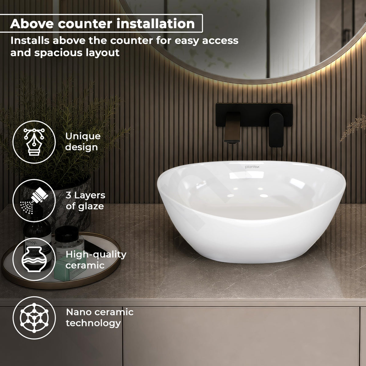 Plantex Ceramic Basin/Wash Basin for Bathroom/Tabletop Wash Basin/Bathroom Basin (Cadiz, White)-6