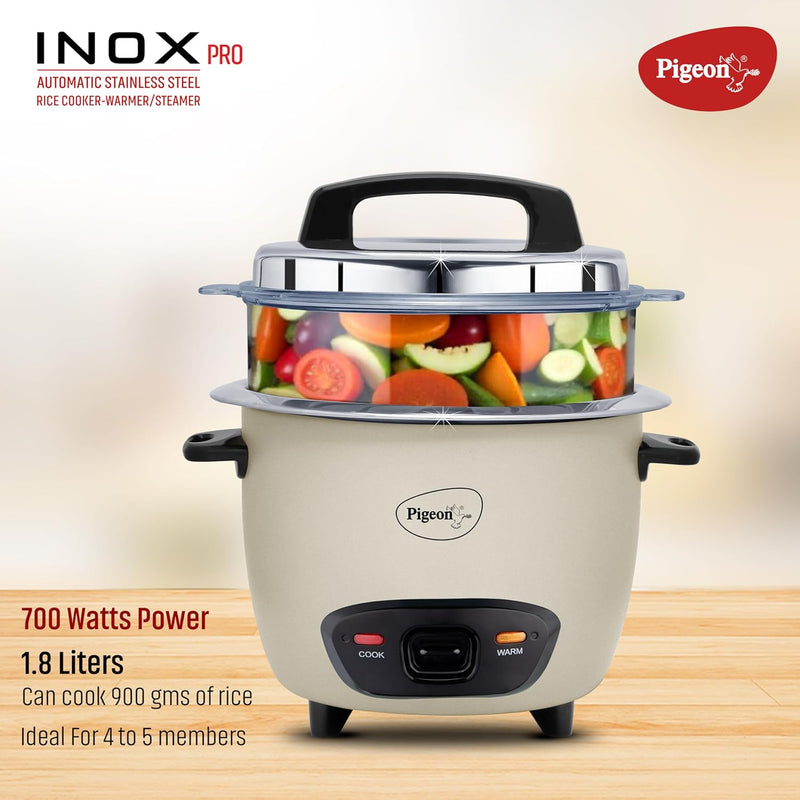 Pigeon Inox Pro Rice Cooker with Steamer, 1.8 litres | Stainless Steel Lid | 700 Watts | 1 Steel Cooking Pot | Measuring Cup | Spatula | Energy Efficient Cooking (Grey)