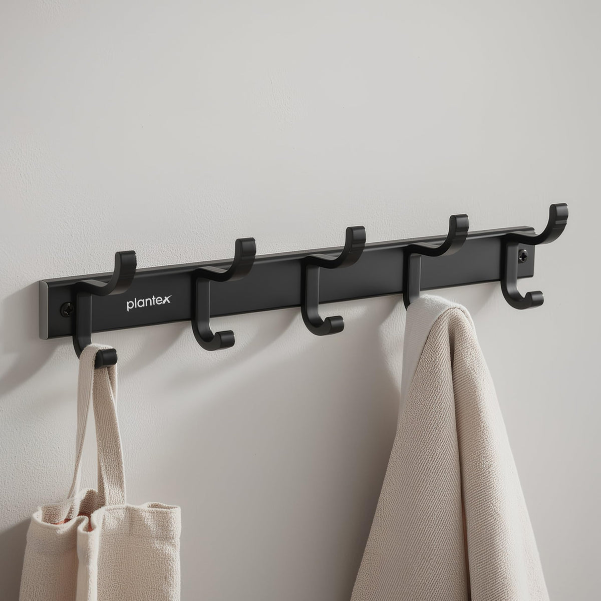 Plantex Aluminum Hook Rail with Movable Hooks for Wall/5 Hooks Hook Rail for Bathroom/Kitchen/Bath Towel Hook/Wall Hooks for Hanging - Pack of 1 (Black)